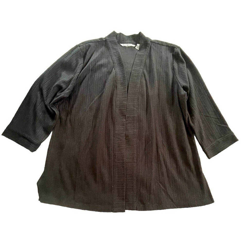 Isaac Mizrahi Live! Striped Textured 3/4-Sleeve Open Front Cardigan Black Sz L